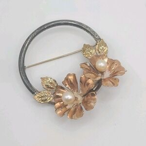 Vintage Kreisler Brooch Floral Circle Mixed Metals Faux Pearl Accent